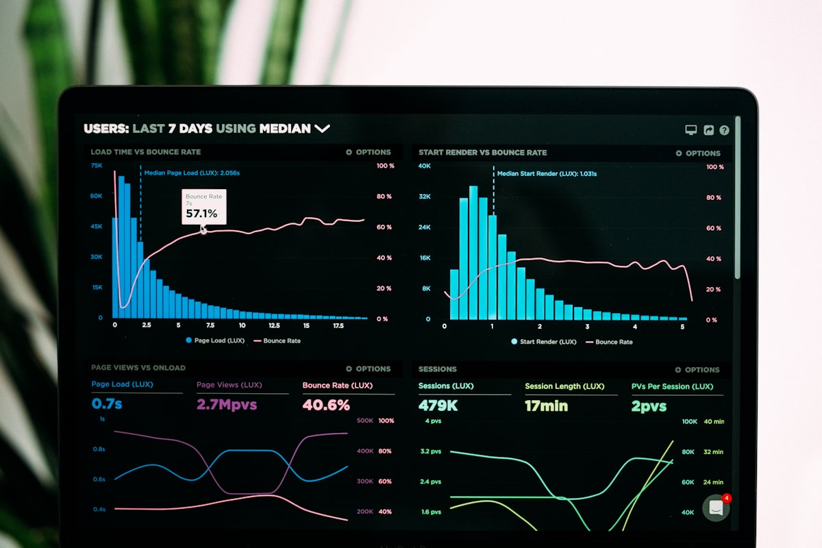Dark analytics dashboard with abstract data lines and measurement charts on a deep background, representing benchmark evaluation and model comparison