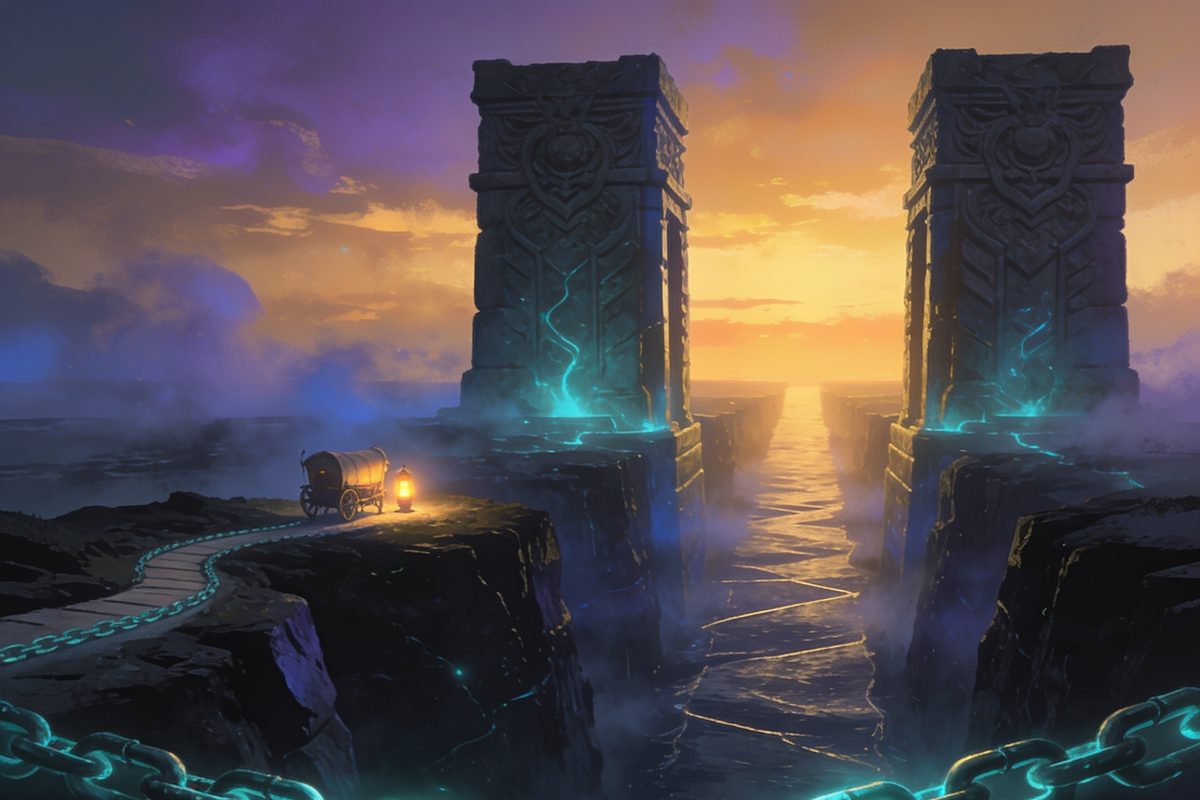 Editorial illustration: two sealed stone gate-towers across a dark strait, a severed glowing chain, and a small lantern-lit caravan rerouting along the low path toward an amber dawn