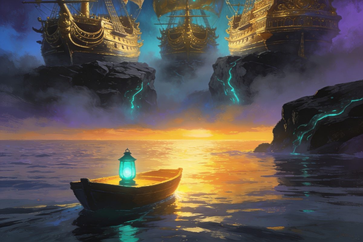 Editorial illustration: a small plain lantern-lit boat gliding first toward an amber sunrise while three towering ornate gilded ships sit heavier and slower behind it in fog